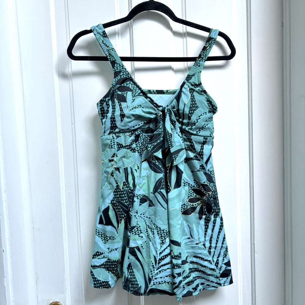 VINTAGE PIN UP STYLE SWIM DRESS SWIMSUIT GREEN AND GOLD TROPICAL PRINT SIZE 12